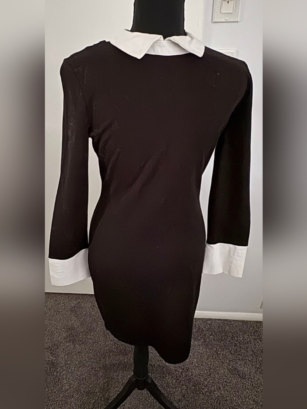 VENUS Black Long Sleeve Shift Dress with White Cuffs
